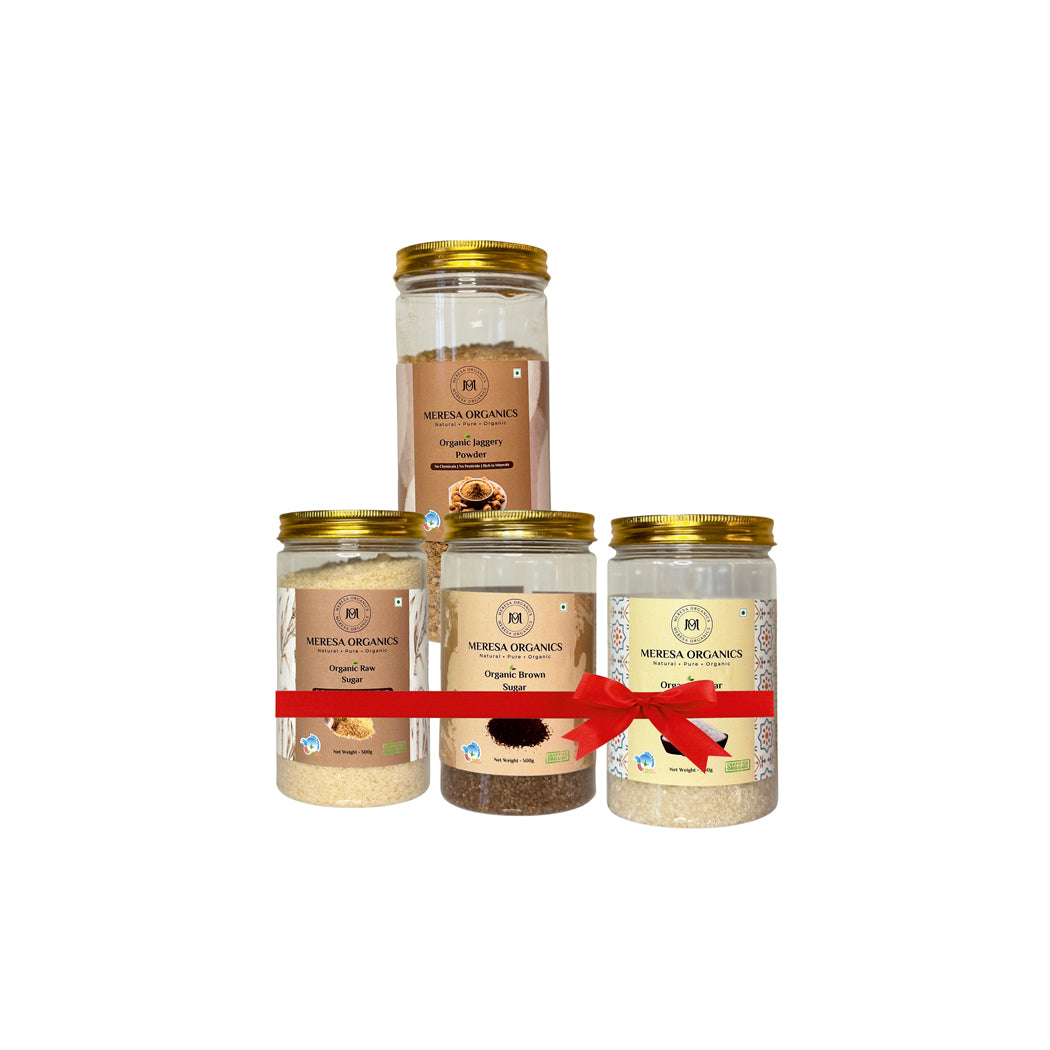 Organic Sweeteners Pack of 4 (Organic Raw Sugar 500g, Organic Jaggery Powder 500g, Organic Brown Sugar 500g, Organic Sugar 500g)