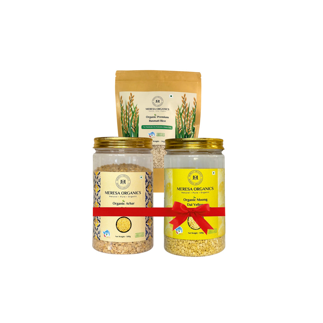 Organic Arhar Dal 500 Gram, Organic Moong Dal-Yellow 500 Gram, Organic Premium Basmati Rice 1 Kg